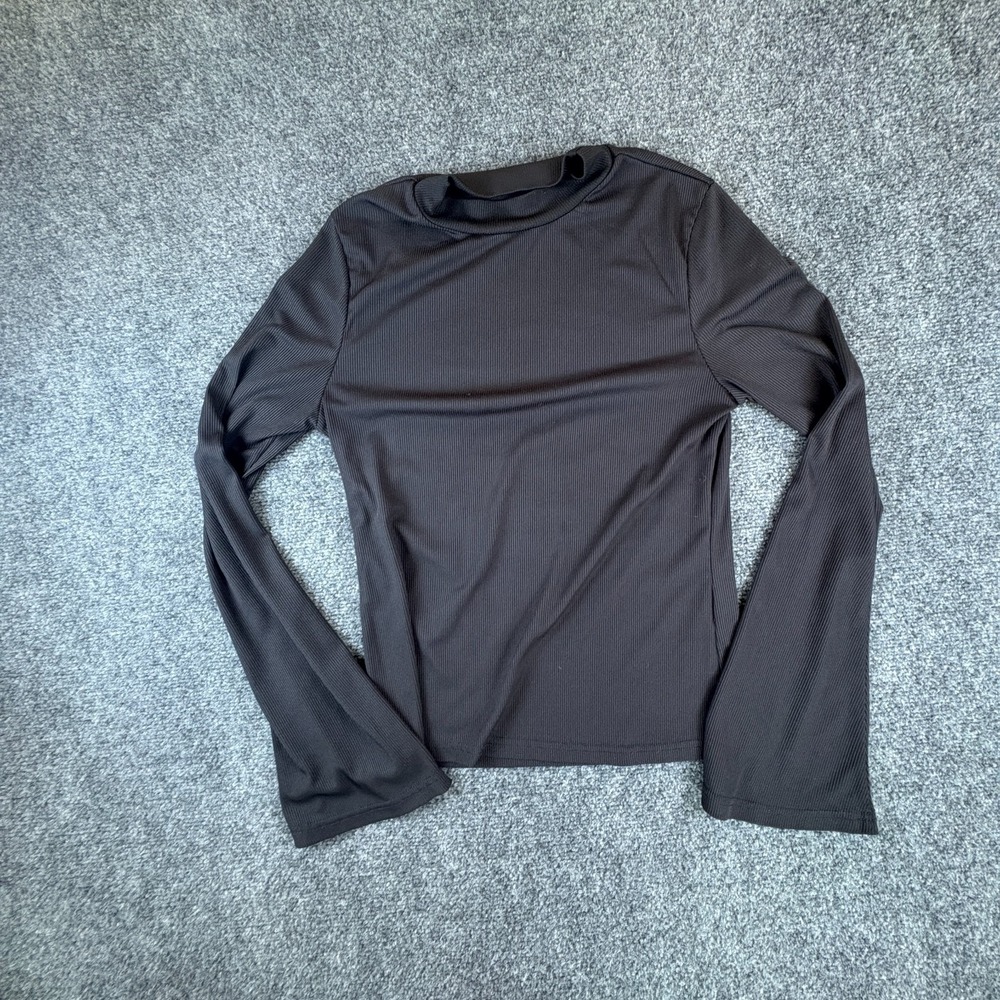 Emerson Lang Top Womens Large Black Ribbed Knit Mock Neck Casual Flared Sleeve